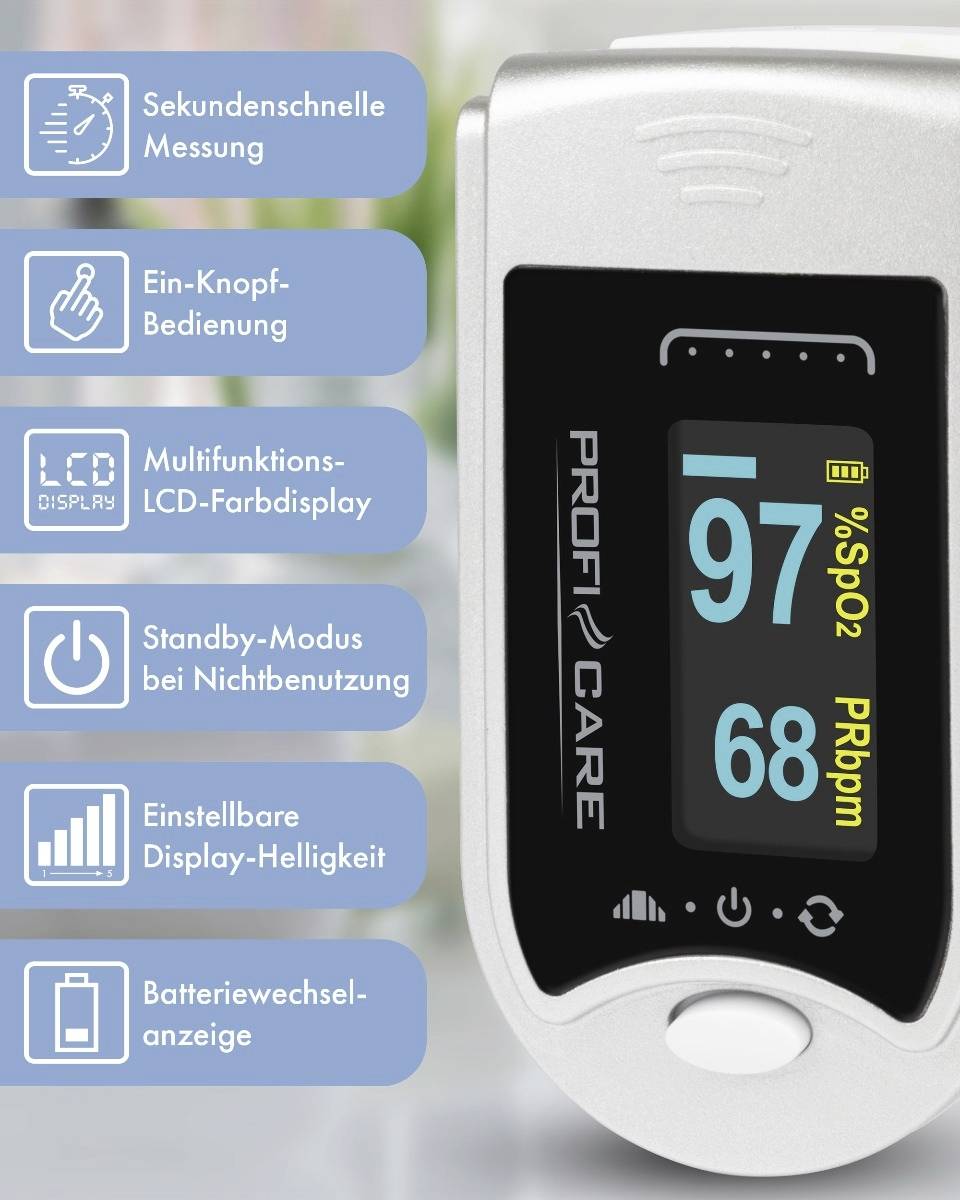 Pulsoxymètre avec écran LCD affichant 97 % SpO2 et 68 bpm. Fonctions : Mesure ultra-rapide, commande à un bouton, mode veille.