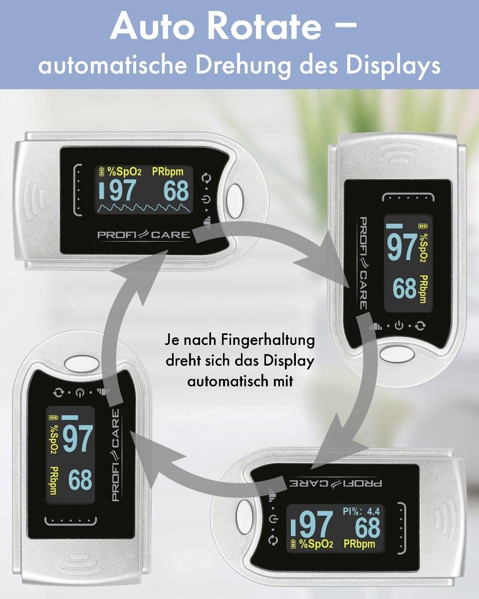 Quatre affichages d'oxymètres montrent différentes orientations et valeurs de fréquence cardiaque et de saturation en oxygène. Texte : 'Selon la position du doigt, l'affichage tourne automatiquement.'