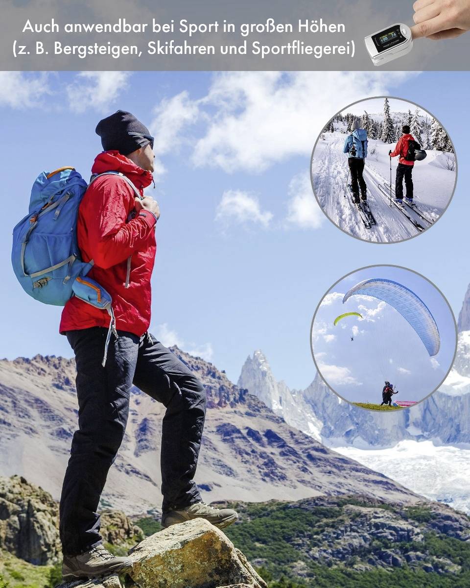 Une personne portant un sac à dos bleu regarde au loin dans un paysage montagneux. Des images de ski et de parapente sont insérées.