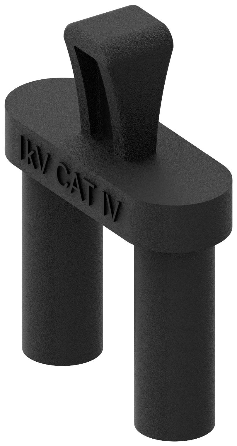 Pièce en plastique noir avec deux chevilles cylindriques et une poignée en haut. Inscription 'KV CAT IV' visible sur le côté.