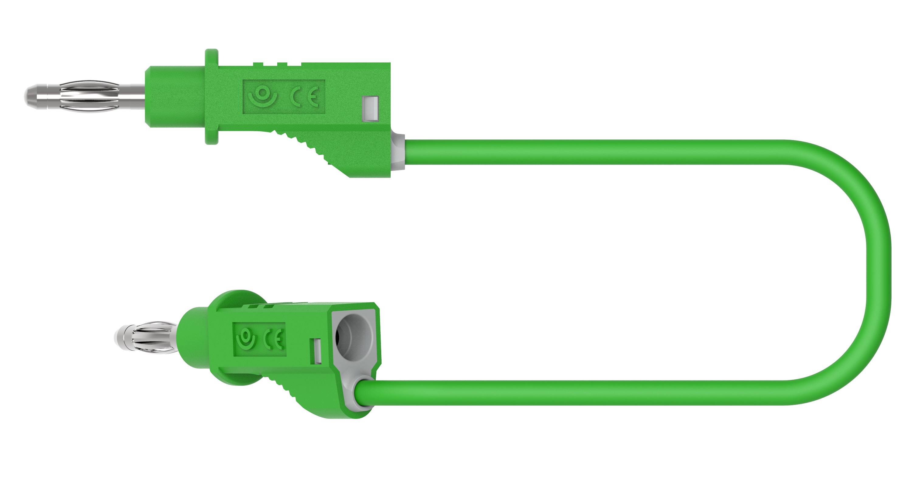 Câble crocodile vert avec deux embouts métalliques, reliés en boucle circulaire. Accessoire électronique pour appareils de laboratoire.