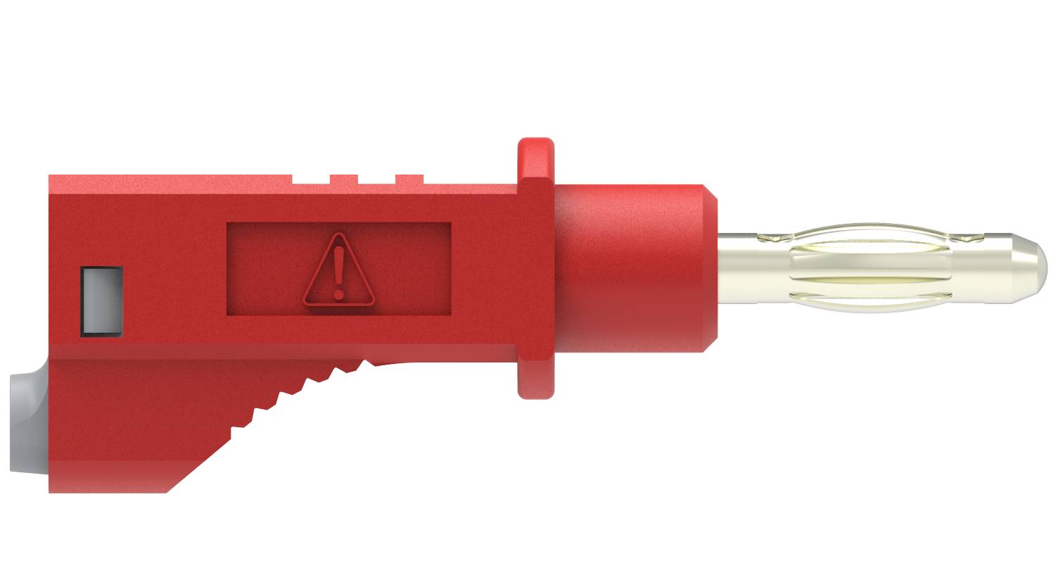 Fiche banane rouge avec symbole d'avertissement. Adaptée aux connexions électriques et au branchement sécurisé des câbles sur des appareils électroniques.