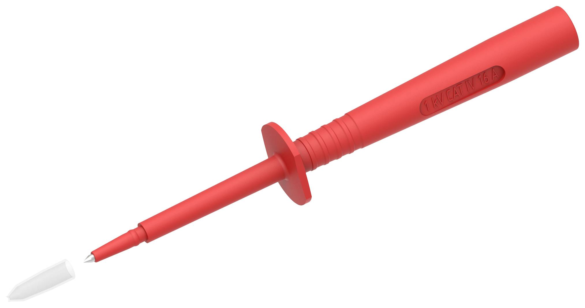 Adaptateur de pointe de test rouge avec capuchon de protection, adapté aux appareils de mesure électriques.