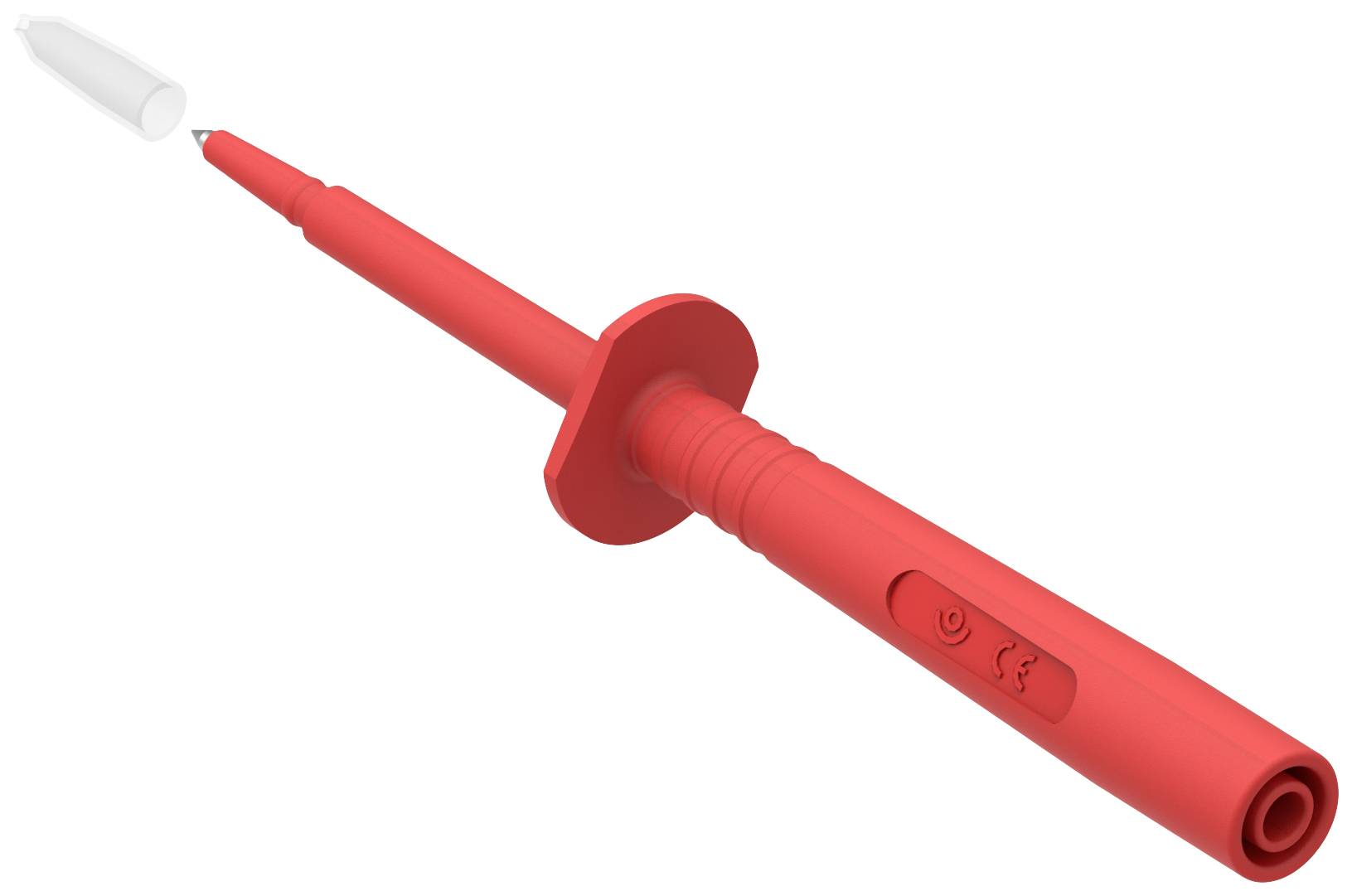 Un dispositif électronique de test rouge avec un capuchon de protection, utilisé pour mesurer la tension dans les circuits électriques.