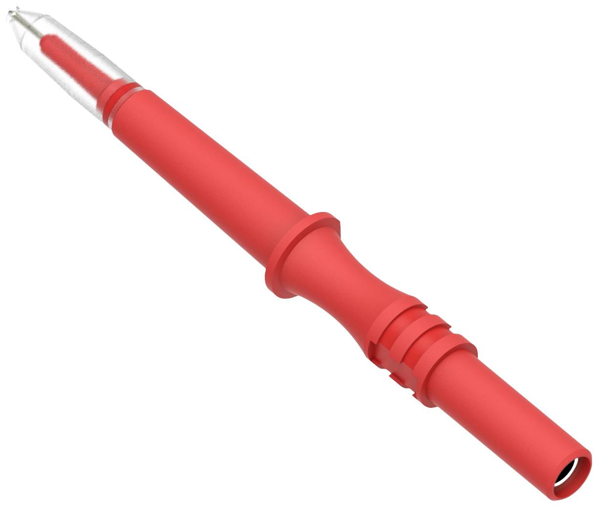 Un testeur de tension rouge avec un boîtier transparent autour de la pointe, utilisé pour vérifier les tensions électriques dans les câbles.