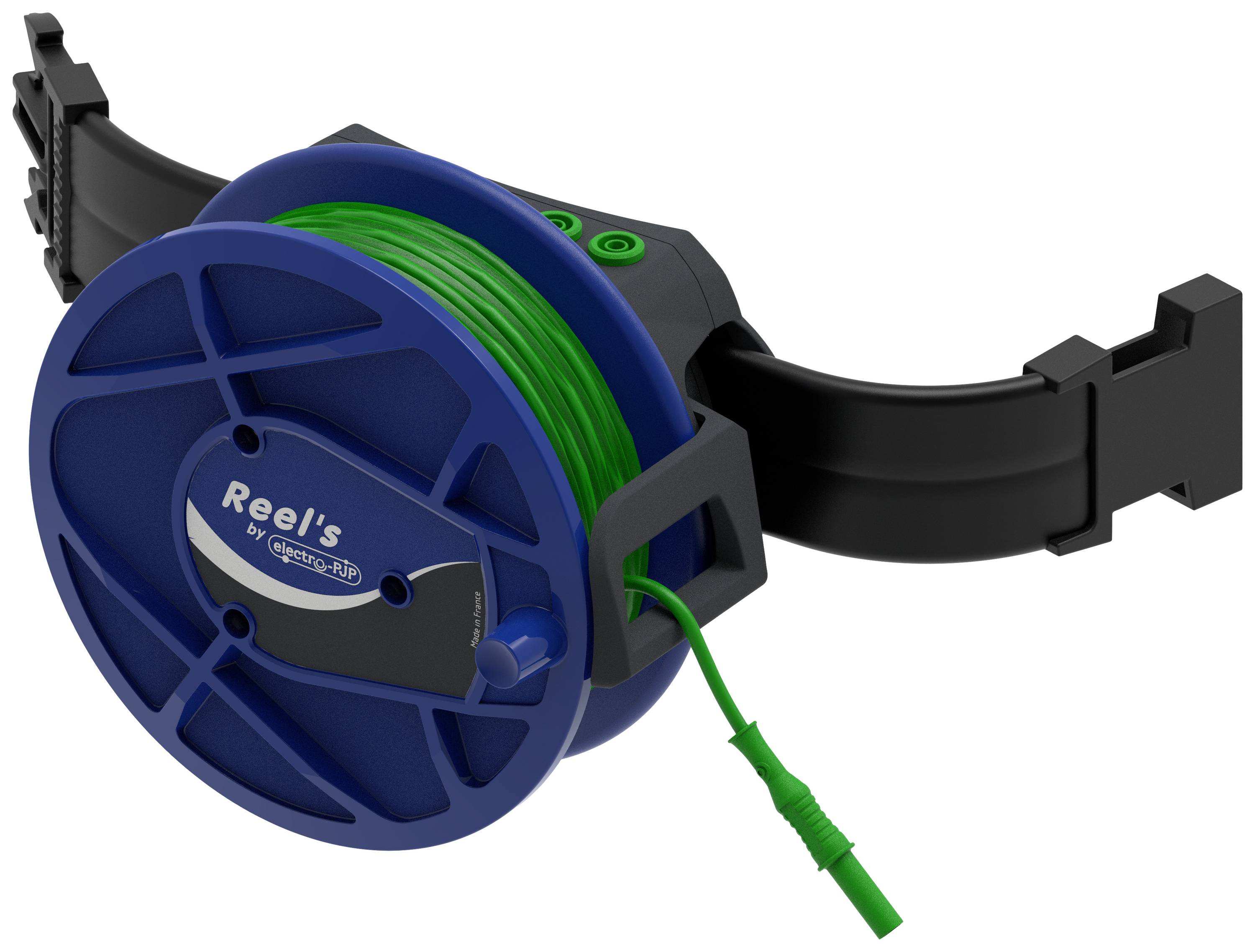 Une bobine de câble bleue avec un câble vert, montée sur un support noir, illustre un produit technique de gestion de câbles.