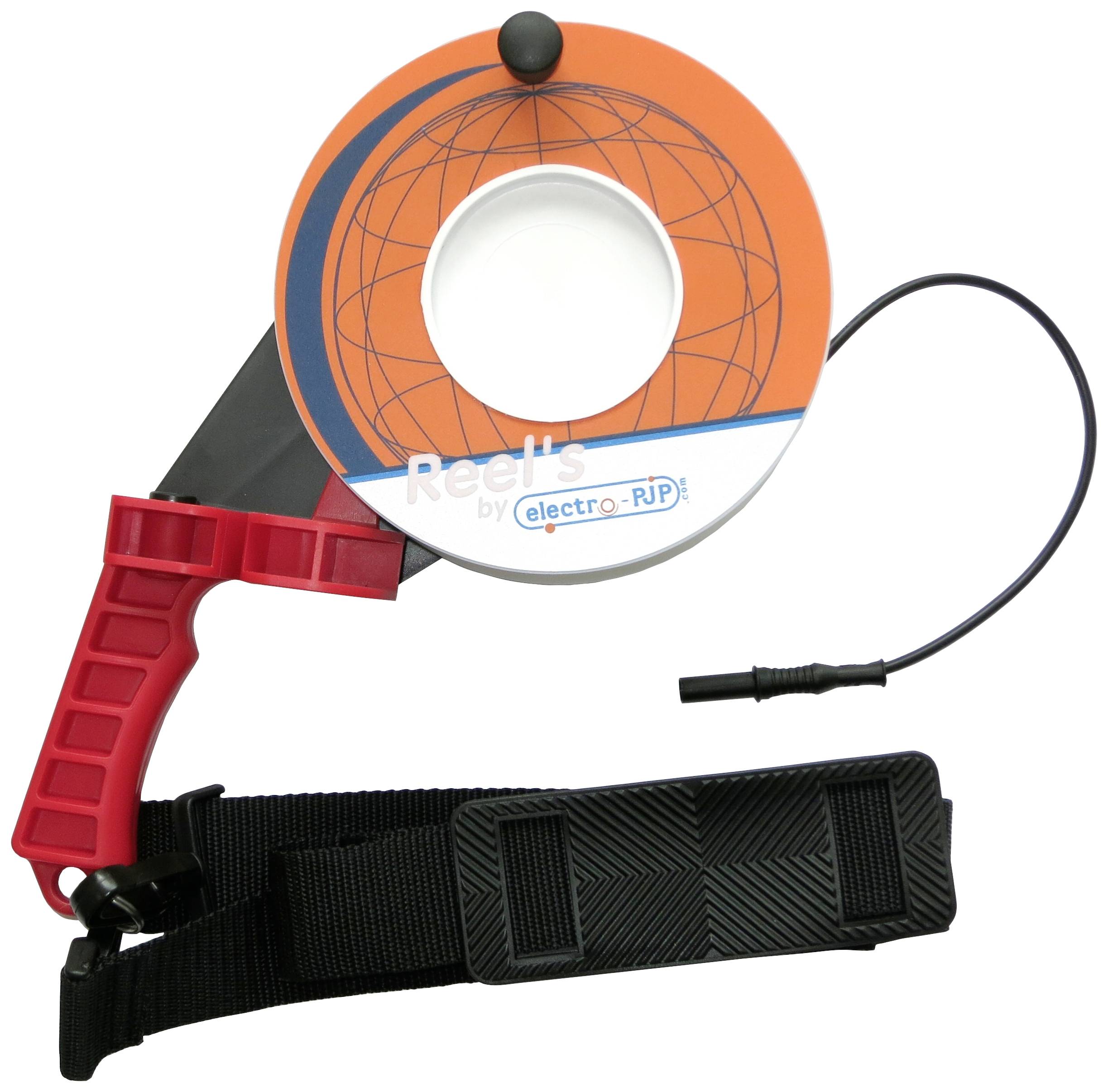 Un mètre ruban rouge et orange avec poignée et bande noire, idéal pour des mesures précises lors de travaux artisanaux ou techniques.
