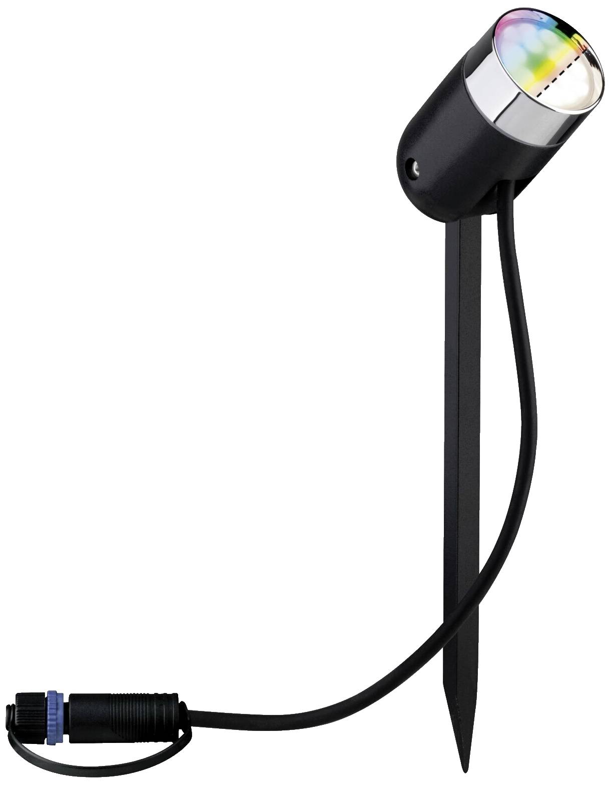 Un projecteur de jardin noir à LED avec pique de terre et câble. En haut, un petit cercle LED multicolore s'illumine.