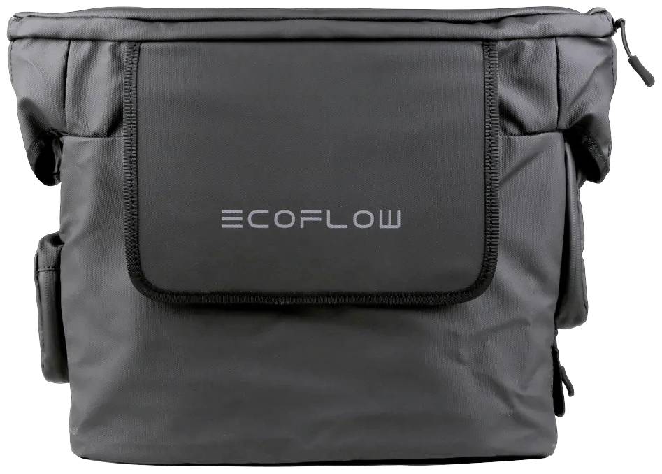 Un sac de transport noir avec le logo 'EcoFlow' sur la face avant, conçu pour le rangement d'appareils ou d'accessoires.
