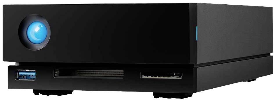 Un boîtier de disque dur externe noir avec un anneau lumineux bleu, plusieurs ports et un design moderne.