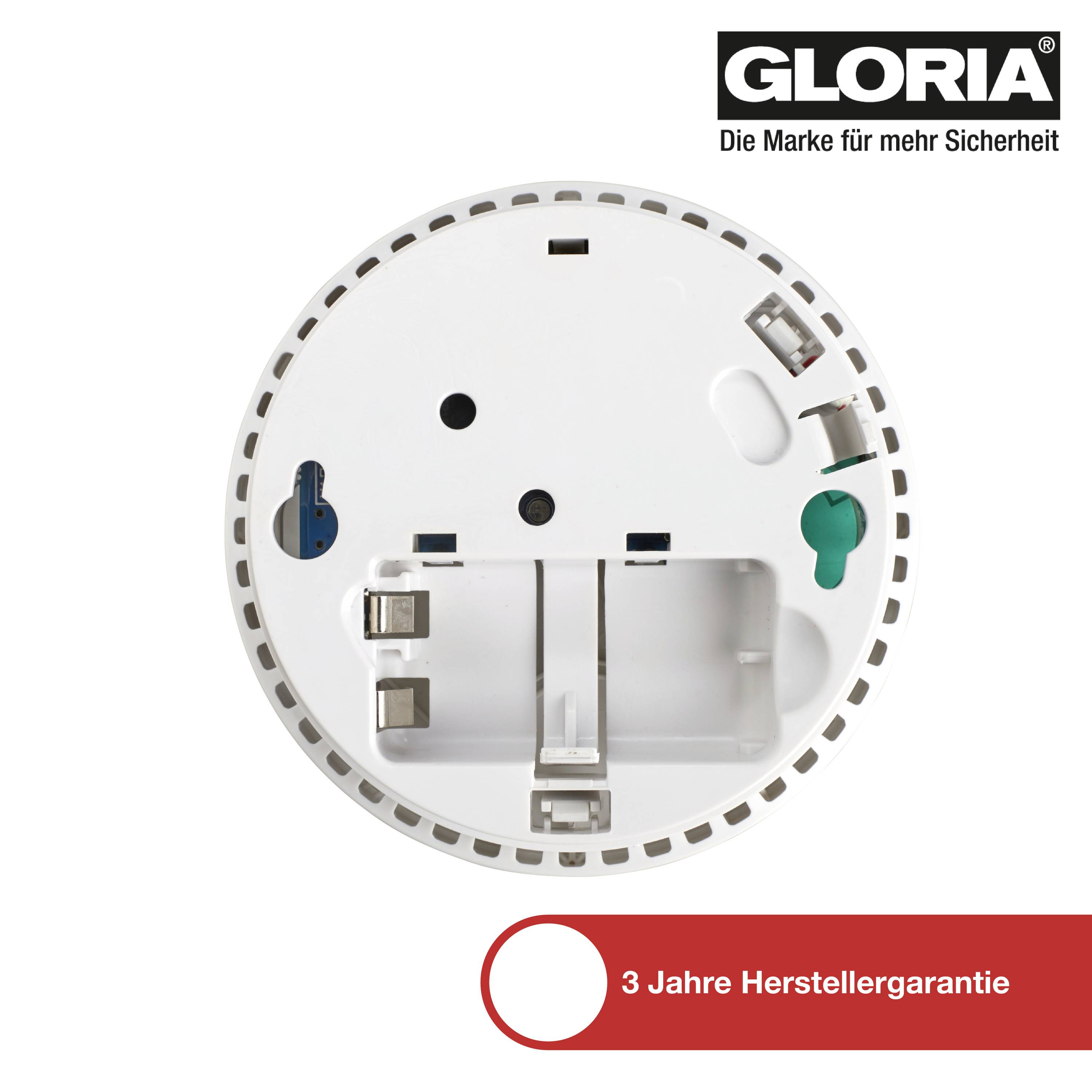 Verso d'un détecteur de fumée avec le logo 'GLORIA' et l'inscription '3 ans de garantie constructeur' en bas à droite dans un cercle rouge.