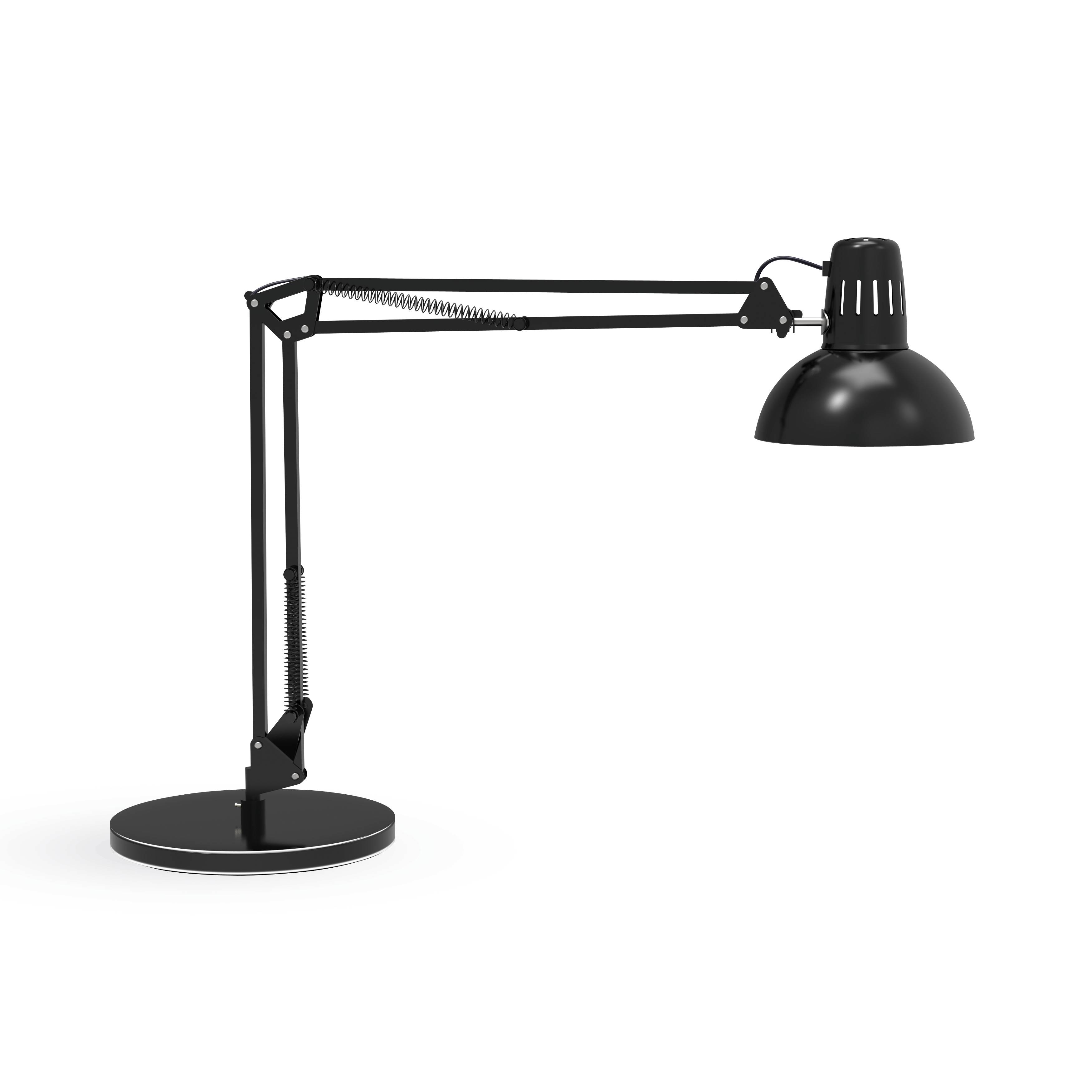 Lampe de bureau noire avec bras ajustable et base ronde, présentée sur un fond blanc.