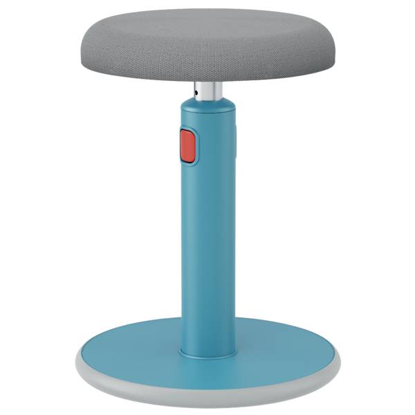 Un tabouret réglable en hauteur avec un coussin d'assise gris et une base turquoise, adapté pour un assise ergonomique.