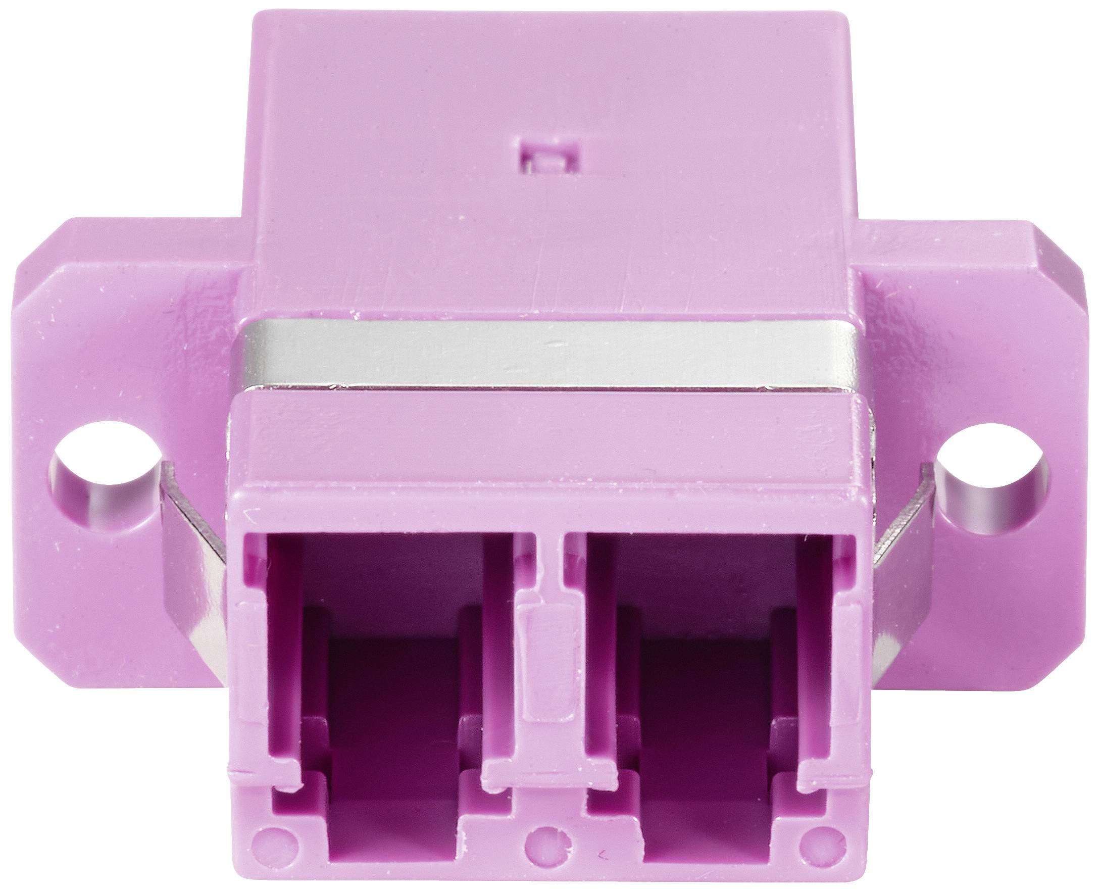 Un adaptateur LC rose avec deux ouvertures de connexion et des trous de montage.