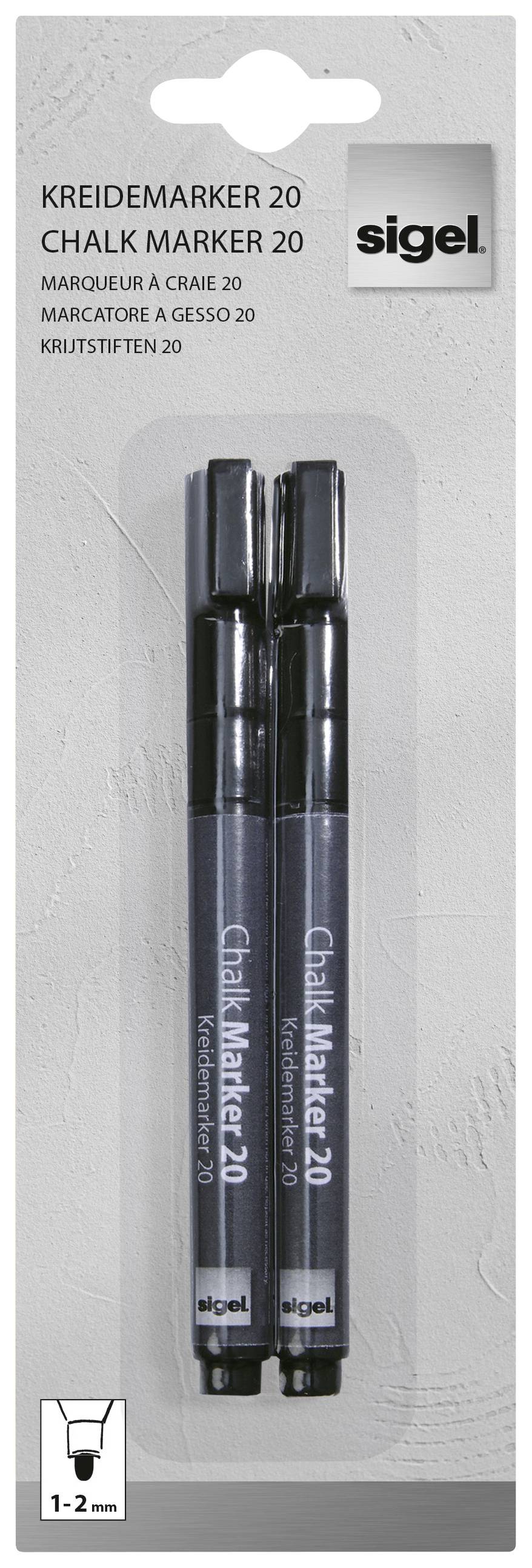 Paquet de deux marqueurs craie de marque 'sigel' en noir. Adaptés pour écrire sur des tableaux et des surfaces lisses. Épaisseur de trait de 1-2 mm.
