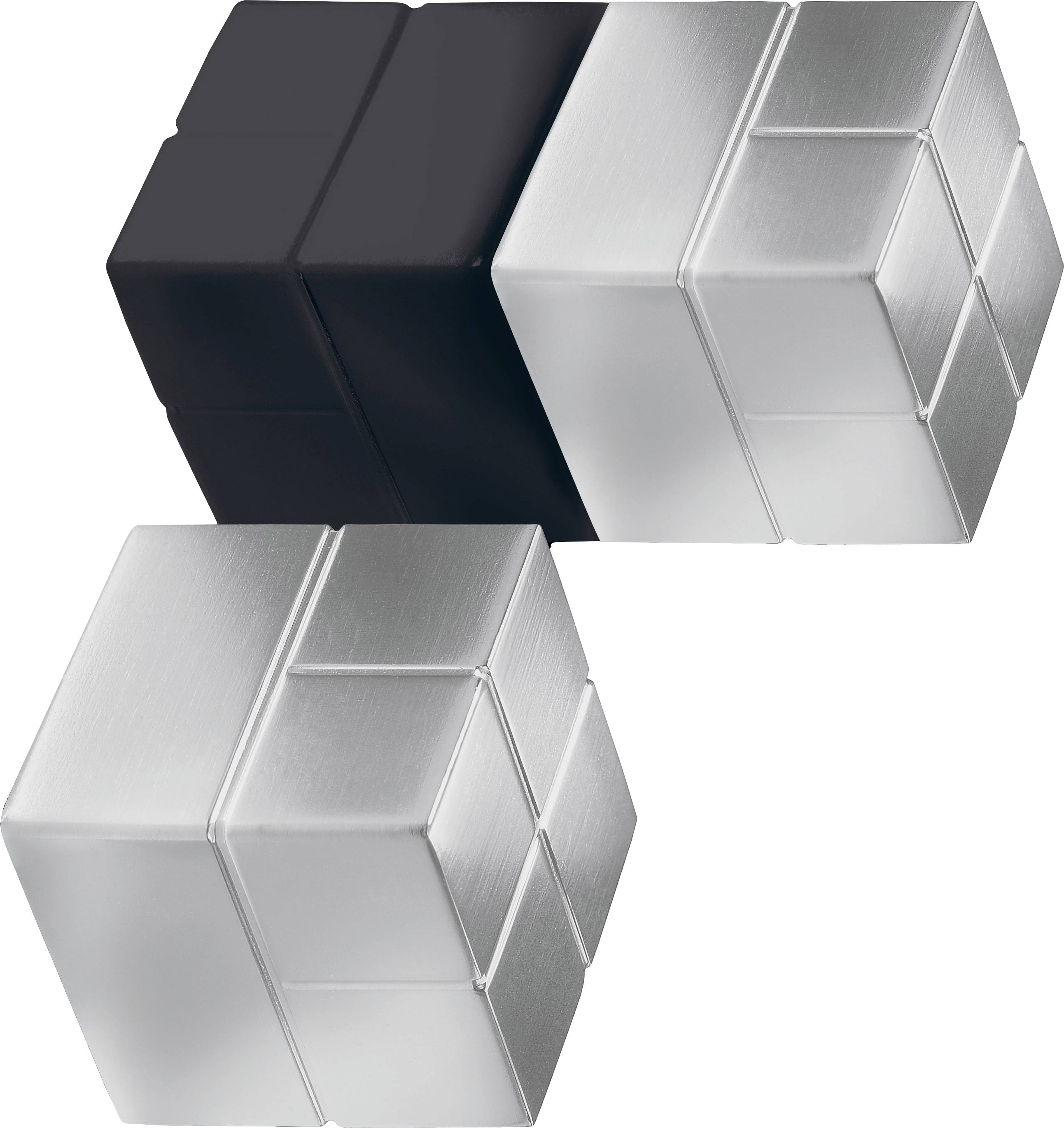 Deux cubes métalliques dotés d'un design moderne et minimaliste, avec un cube noir adjacent au cube argenté.
