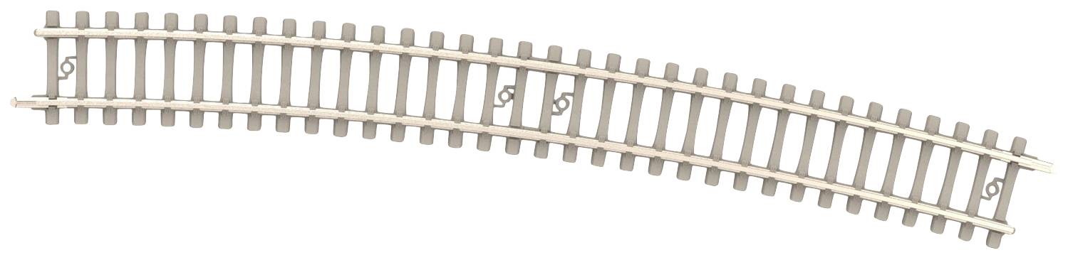Une voie ferrée courbe composée de traverses en bois et de rails métalliques, légèrement vue en diagonale depuis le haut.