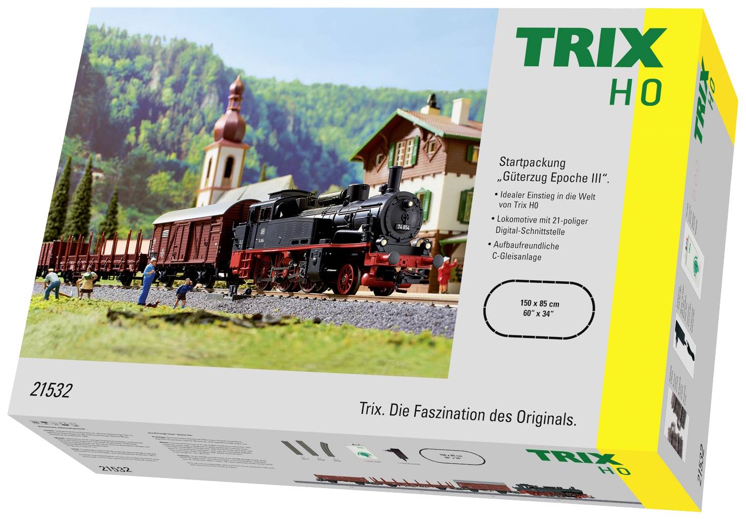 Coffret de départ 'Train de marchandises Époque III' de Trix. Comprend une locomotive à vapeur avec deux wagons de marchandises, adaptés aux réseaux ferroviaires miniatures H0. En arrière-plan, un paysage rural.
