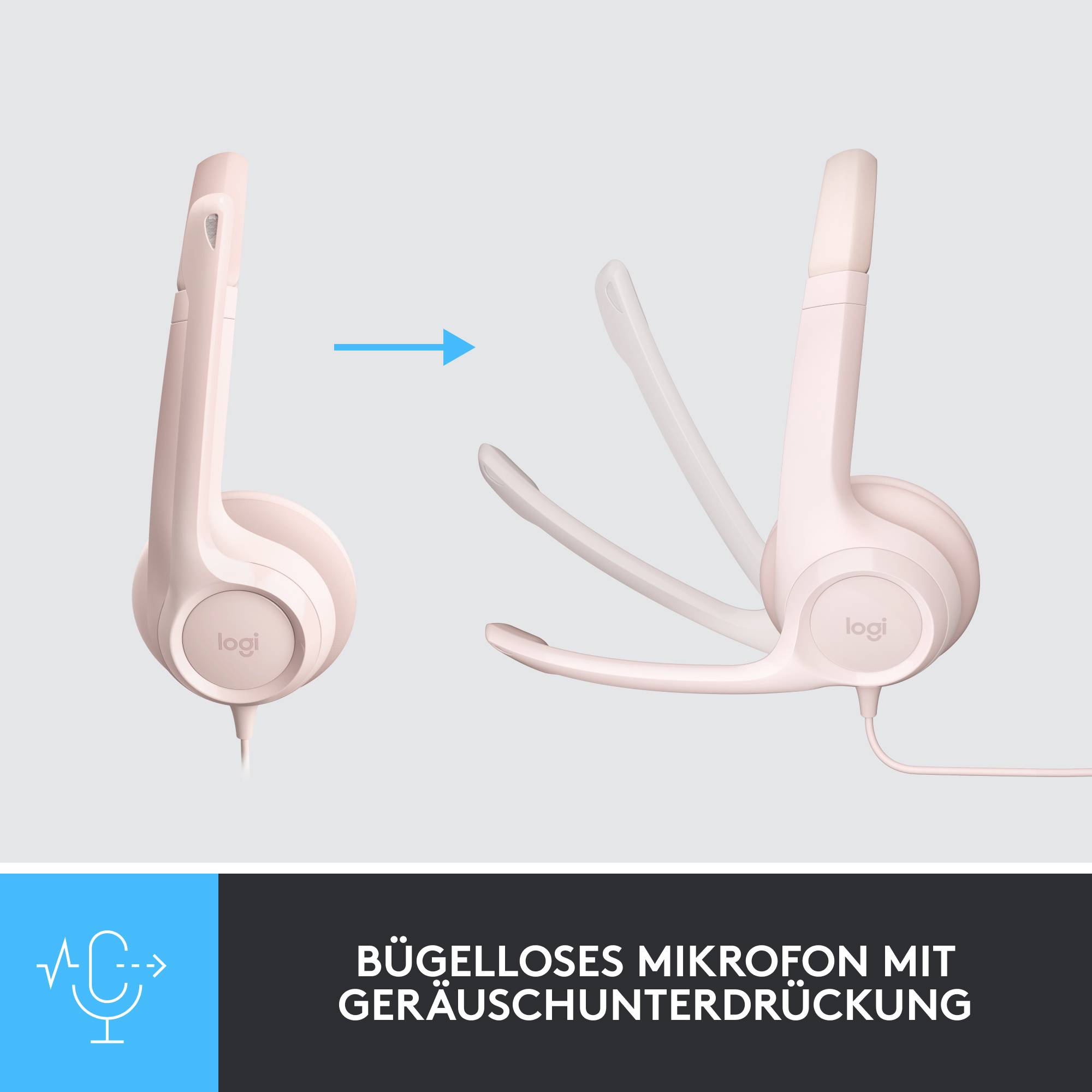 Casque rose avec bras de microphone ajustable. Texte en dessous : 'Microphone sans arceau avec réduction de bruit'.