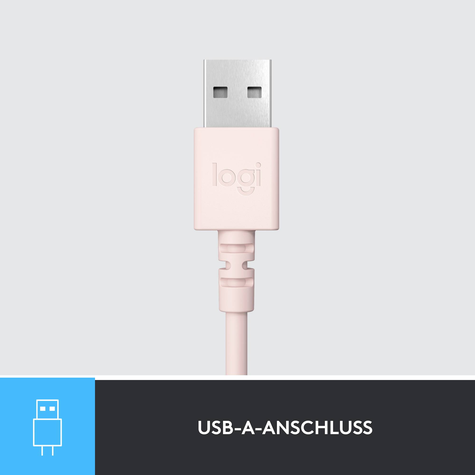 Un connecteur USB-A rose clair portant l'inscription « logi », représenté au-dessus d'un symbole bleu portant l'étiquette « Port USB-A ».