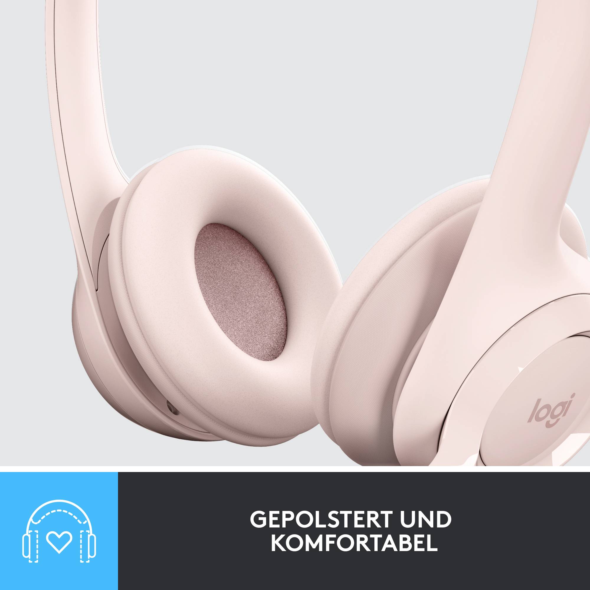 Une paire d'écouteurs roses avec des coussinets d'oreille doux. Texte sur l'image : 'Rembourré et confortable'. Dans la partie inférieure, un symbole de cœur dans un carré.