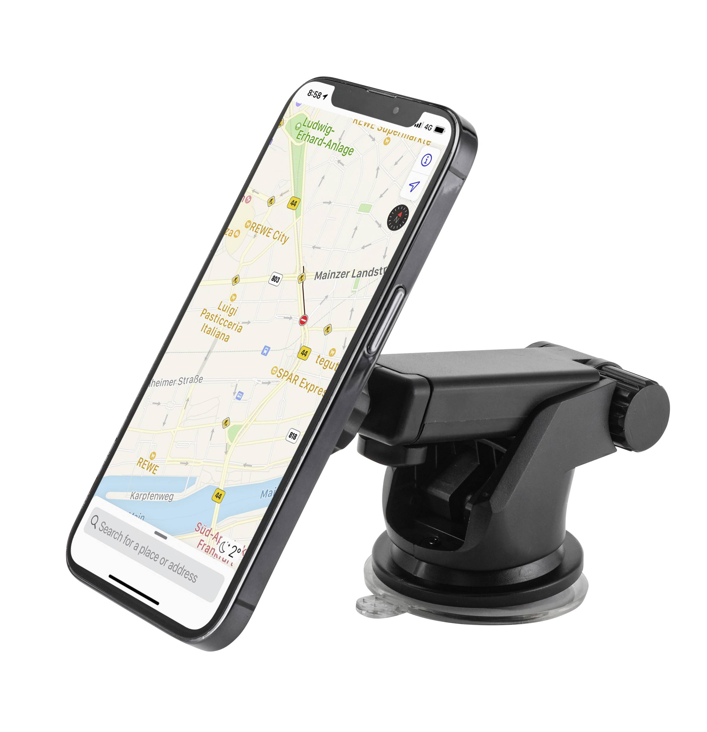Support de smartphone avec pince noire, tenant un smartphone affichant une carte de navigation à l'écran, à l'intérieur d'une voiture.