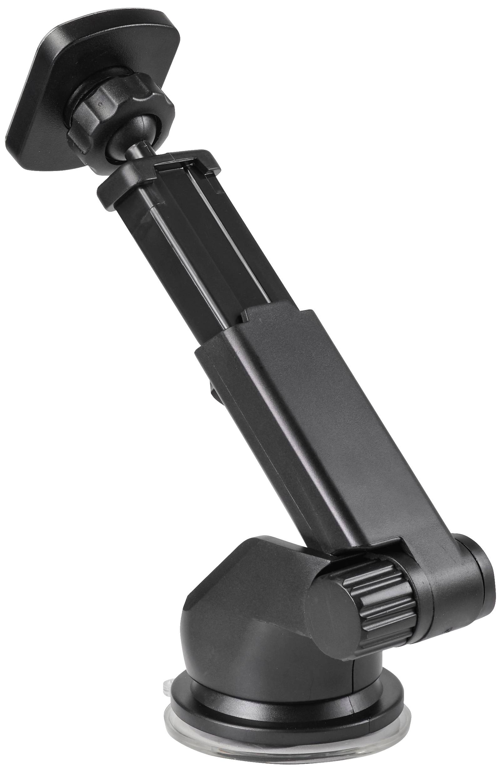 Un support de téléphone pour voiture noir, réglable, avec ventouse et tête pivotante, adapté pour une fixation sur le pare-brise ou le tableau de bord.