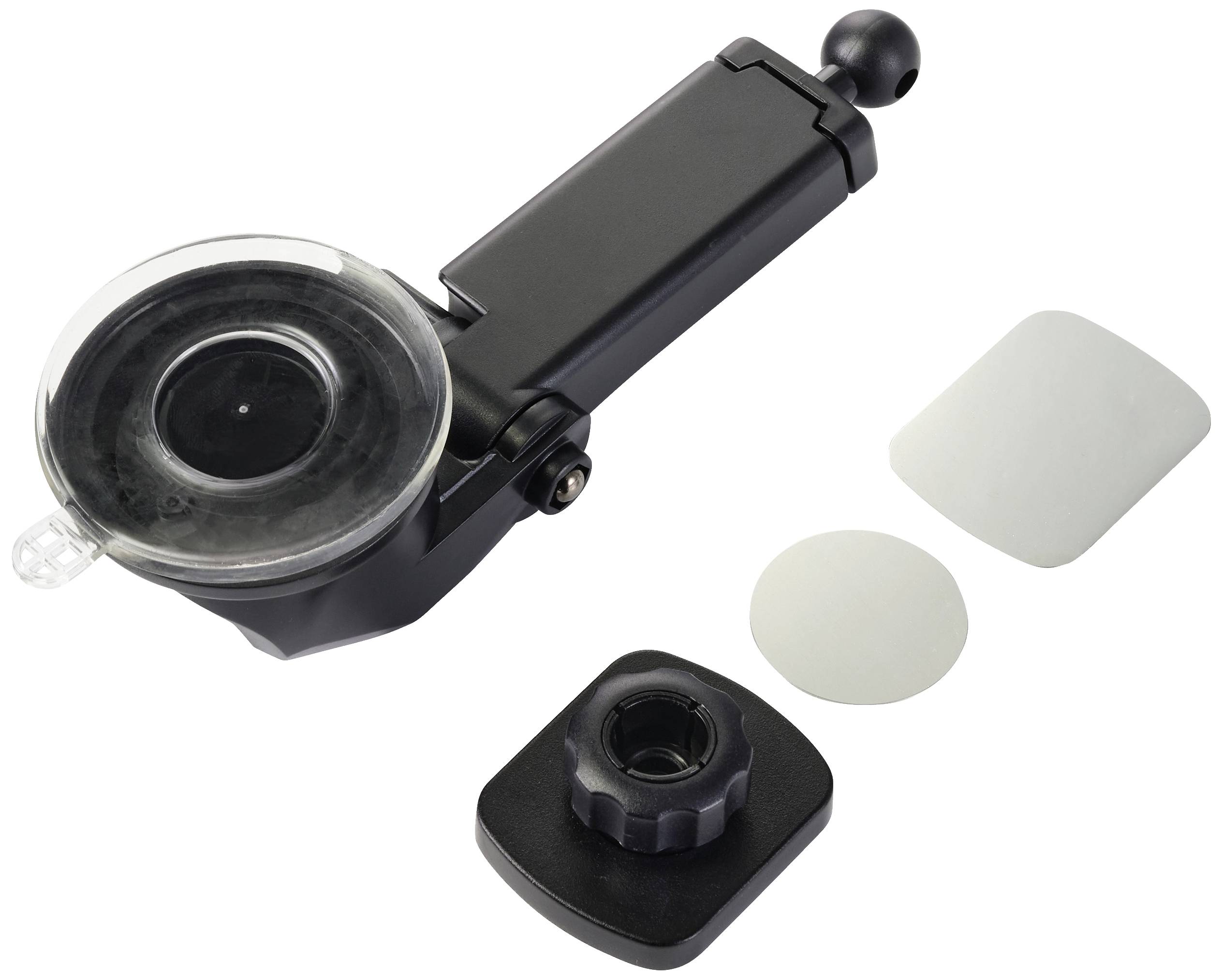 Un support noir avec ventouse à côté de deux autocollants rectangulaires et d'un autocollant rond ; sert probablement à la fixation.