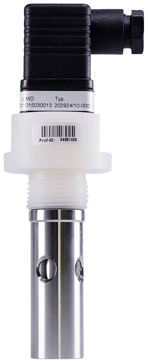Capteur de mesure de liquide avec boîtier en métal et en plastique, étiquette portant un numéro de série et connexions pour branchements électriques.
