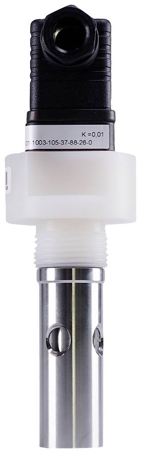 Capteur industriel en métal et plastique, cylindrique avec connexion électronique en haut, typique pour les mesures de liquides.