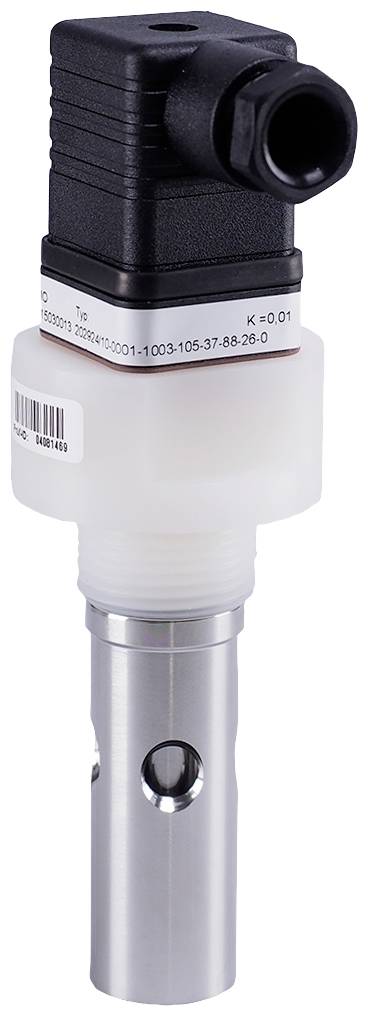 Un capteur avec un boîtier noir et un raccord cylindrique blanc pour des applications industrielles.