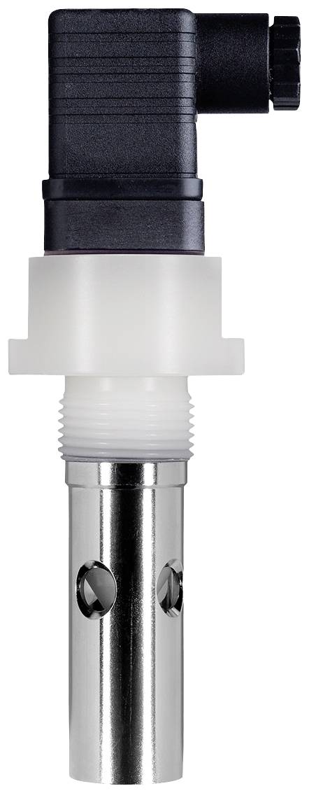 Un capteur électronique avec une tête de connexion noire et un boîtier tubulaire argenté comportant trois ouvertures.