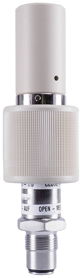 Un capteur cylindrique blanc avec raccordement métallique et bague rotative pour positionnement 'OUVERT' et 'FERMÉ'.