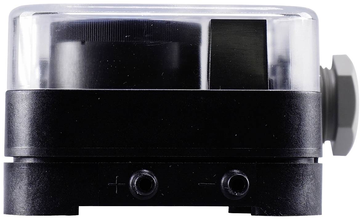 Composant électrique noir avec un couvercle transparent, deux bornes en bas et une borne latérale sur le côté droit.