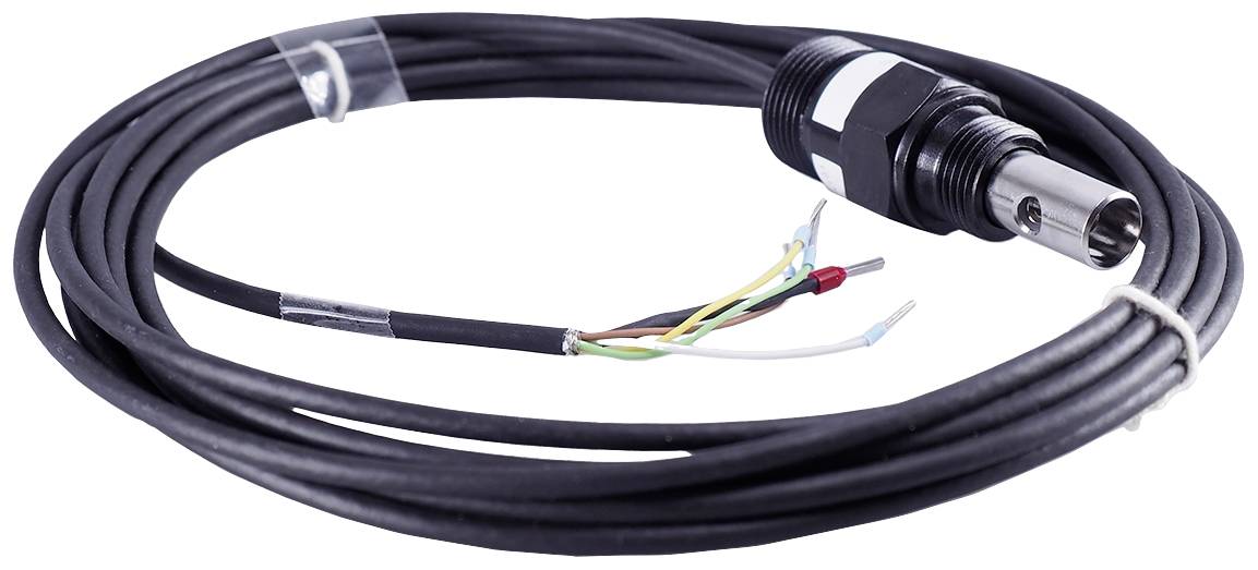 Un câble électrique noir avec des fils dénudés à une extrémité et un connecteur métallique cylindrique à l'autre extrémité.