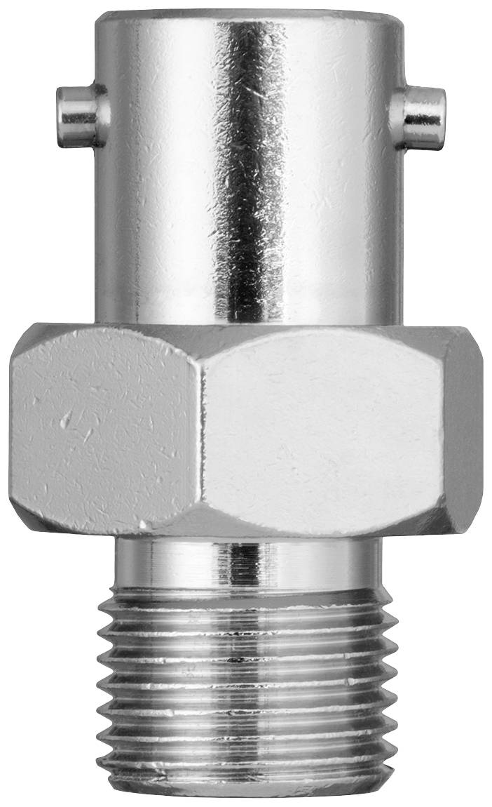 Une valve en métal argenté avec une partie centrale hexagonale et un filetage strié à la base.