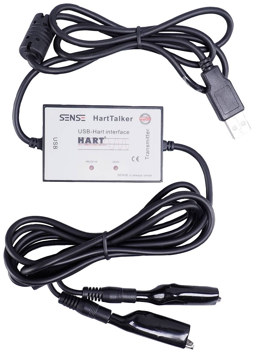 Interface périphérique USB-HART avec câbles de connexion, design noir. Port USB en haut, deux bornes pour appareils de mesure en bas.