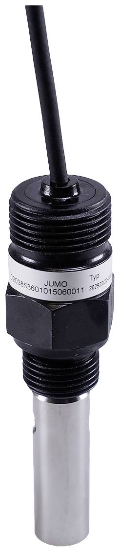 Un capteur industriel avec connexion filaire. La partie supérieure est noire, avec une section métallique argentée en bas. Le texte 'JUMO' est visible.