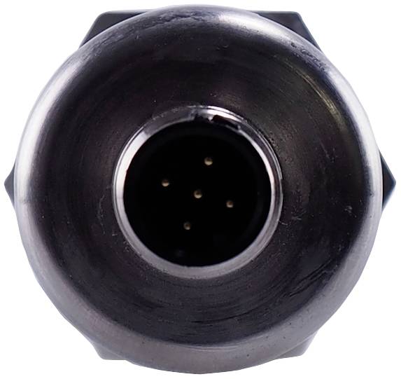 Gros plan d'un connecteur rond noir avec plusieurs broches métalliques au centre.
