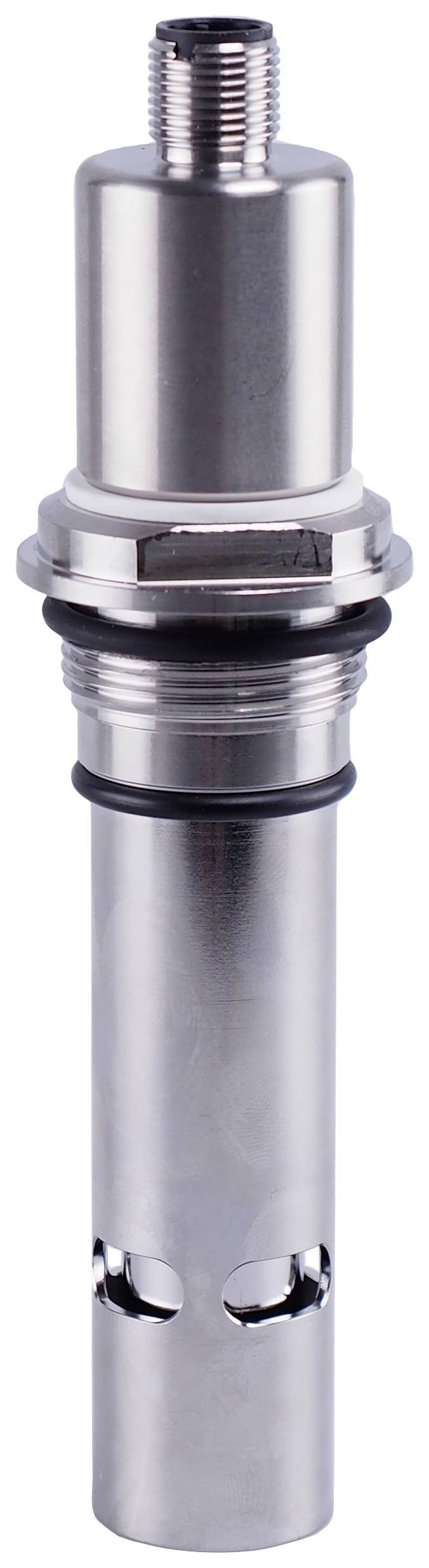 Capteur métallique à corps cylindrique et filetage en haut, probablement destiné à des applications industrielles.
