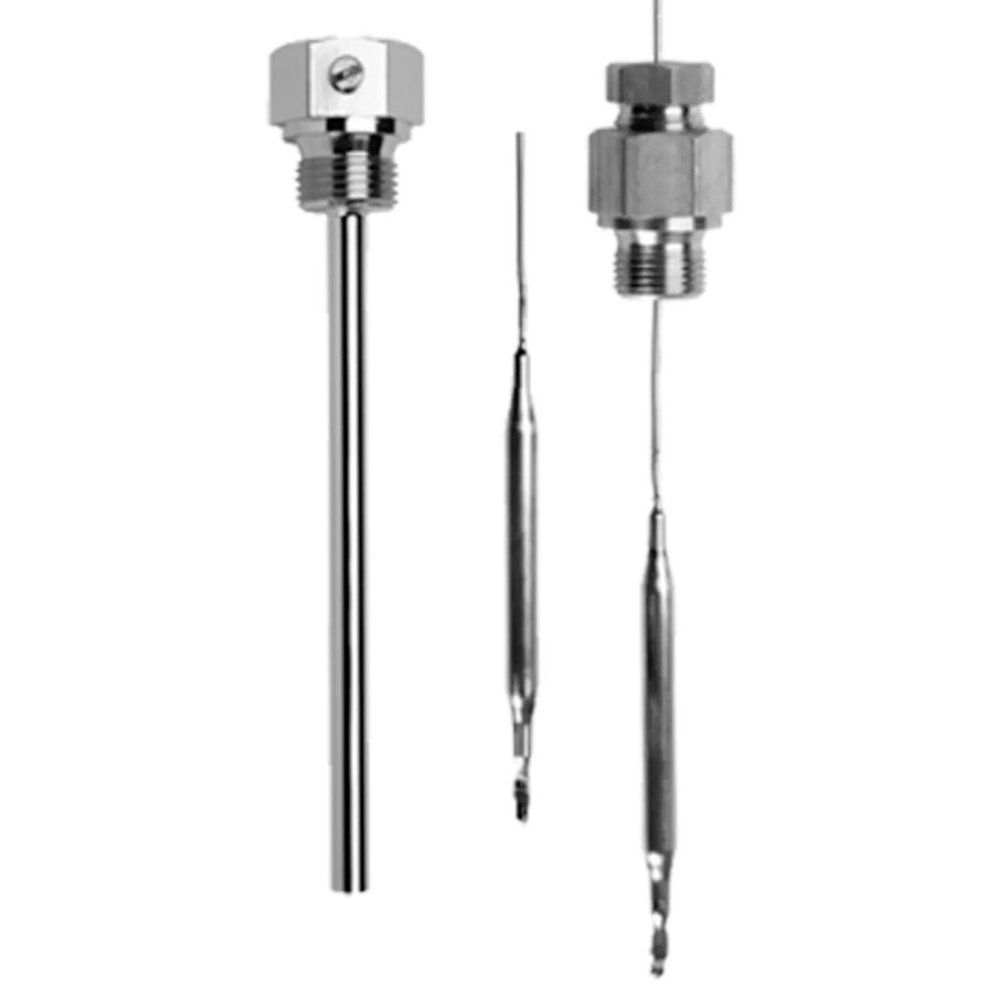 Deux thermocouples métalliques, l'un court et l'autre long, munis de raccords filetés. Ils sont utilisés pour mesurer la température dans des applications industrielles.