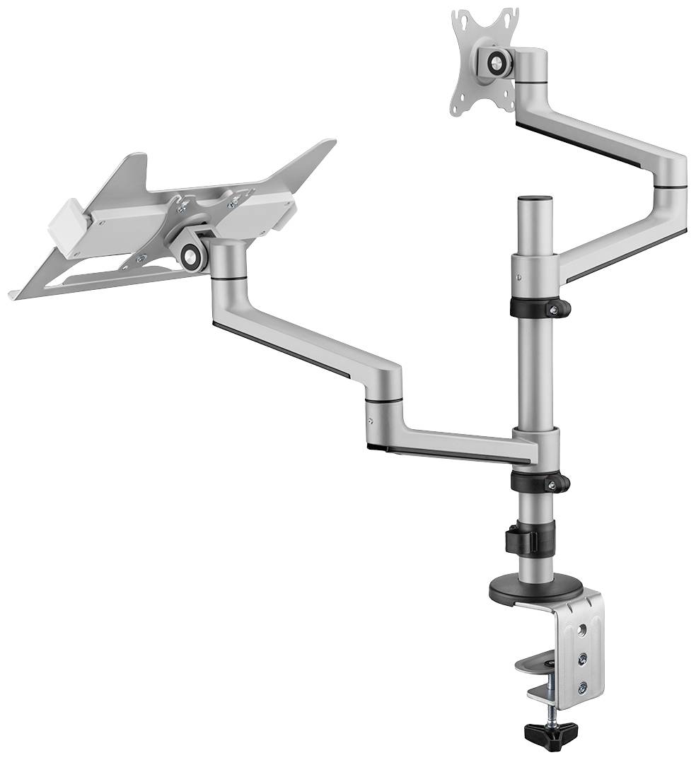 Support de moniteur réglable en hauteur en métal, avec deux articulations et pince de fixation pour bureau, adapté pour installer un écran et un ordinateur portable.