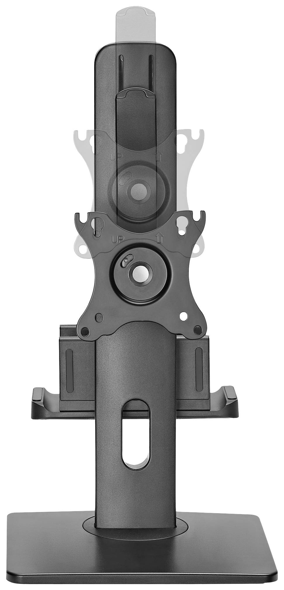 Un support de moniteur noir pour orientation verticale, doté d'un mécanisme de réglage en hauteur et d'une base carrée stable.