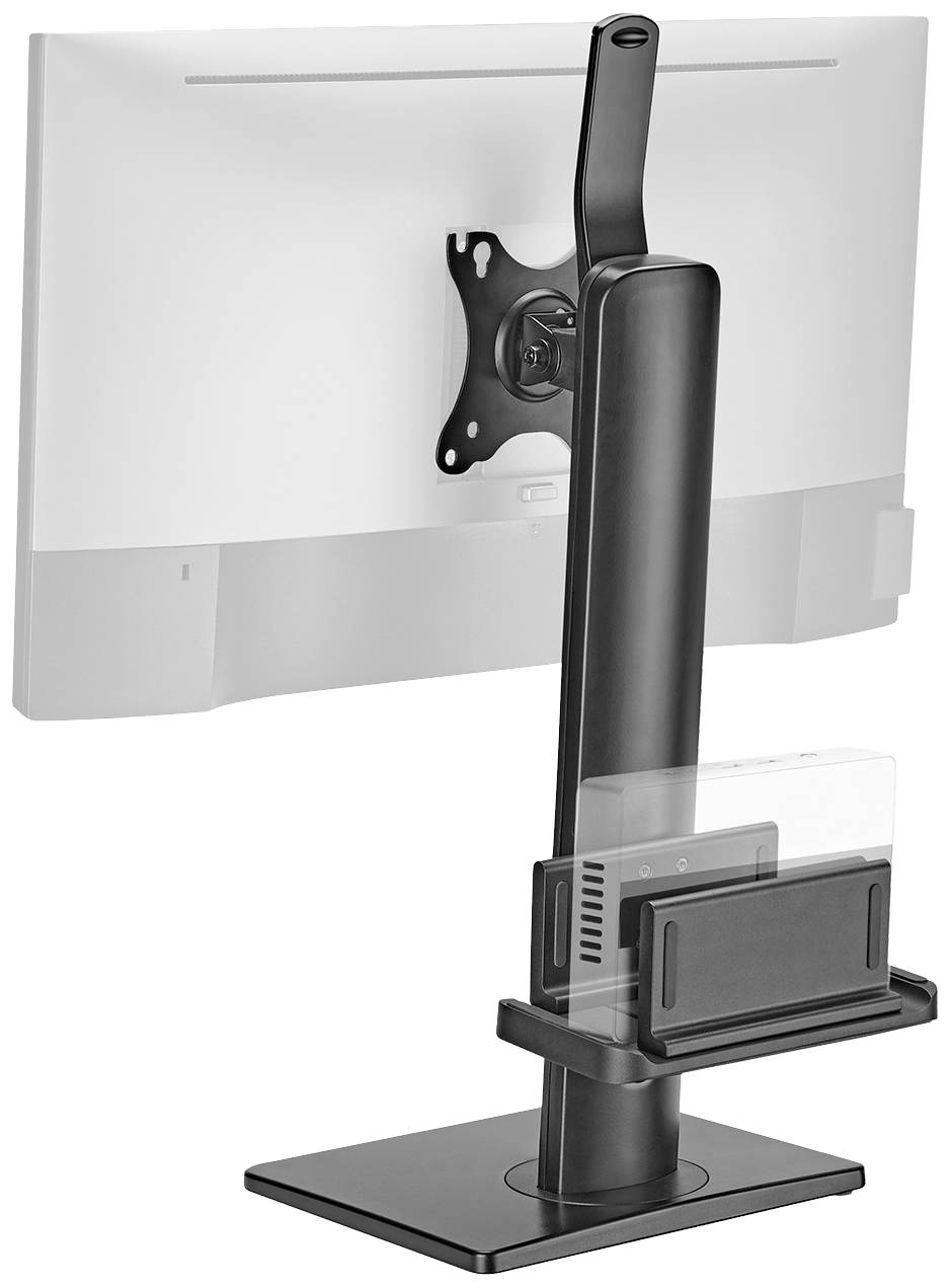 Support de moniteur avec système de gestion des câbles montrant l'arrière d'un écran. Le support dispose d'un socle stable et d'une tige réglable en hauteur.