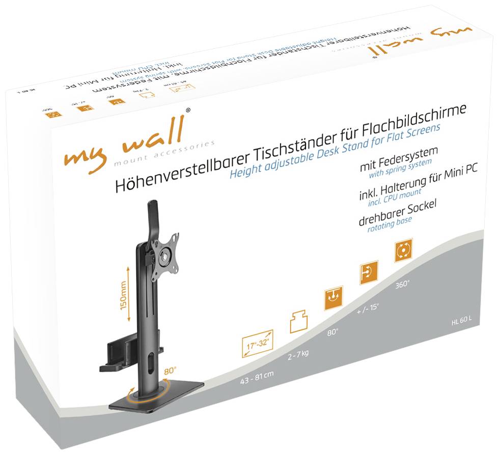 Un emballage d'un support de table réglable en hauteur pour écrans plats. Contient un système à ressort, un socle rotatif et un support pour mini-PC.