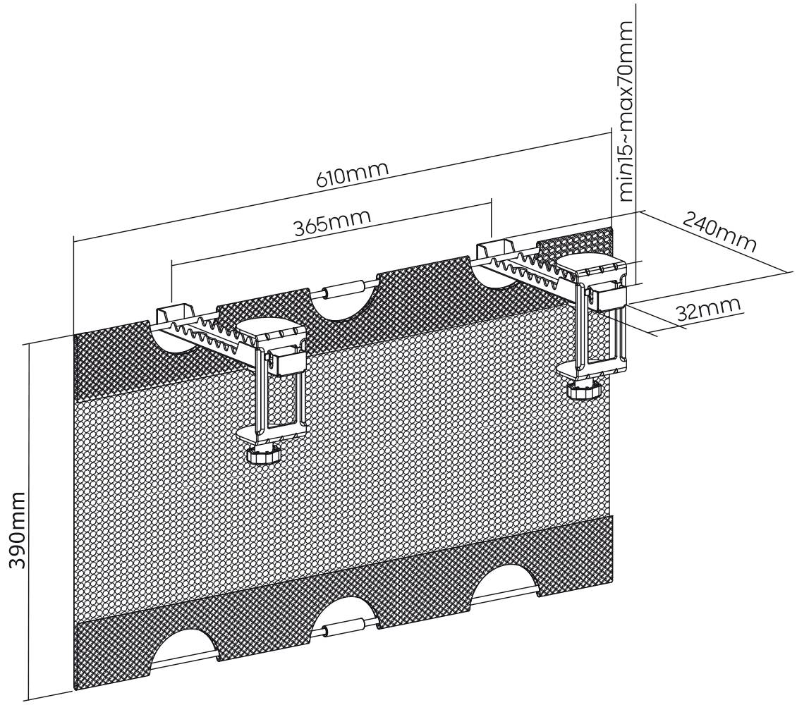 Dessin technique d'une fixation murale : montre des dimensions de 610 mm de largeur, 390 mm de hauteur, 365 mm d'espacement entre les supports, 32 mm d'épaisseur.