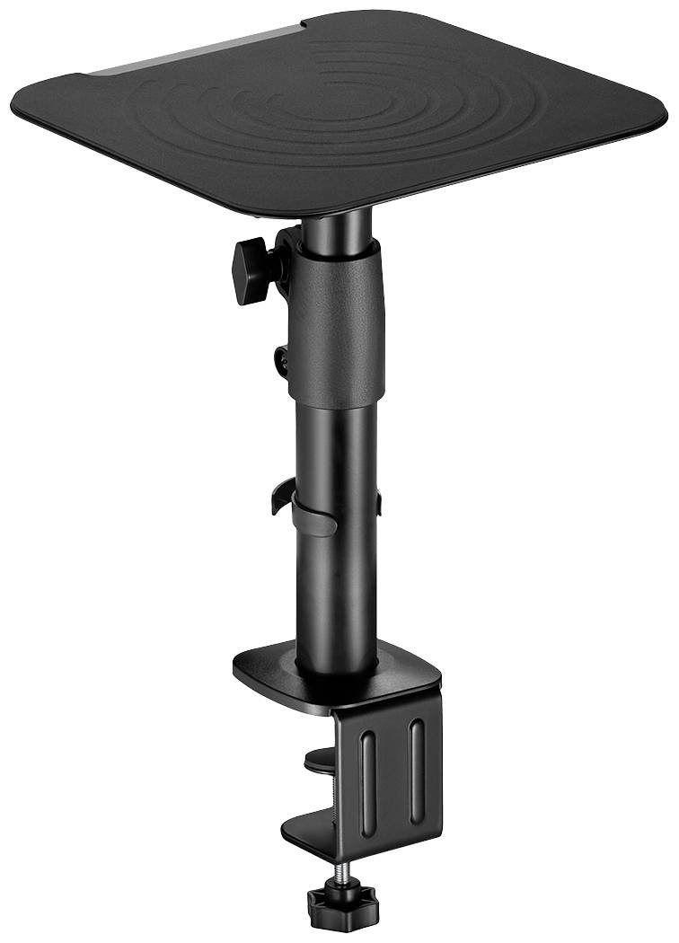Un support pour ordinateur portable noir, réglable en hauteur, avec pince de fixation pour montage sur le bord d'une table, idéal pour une utilisation de bureau.