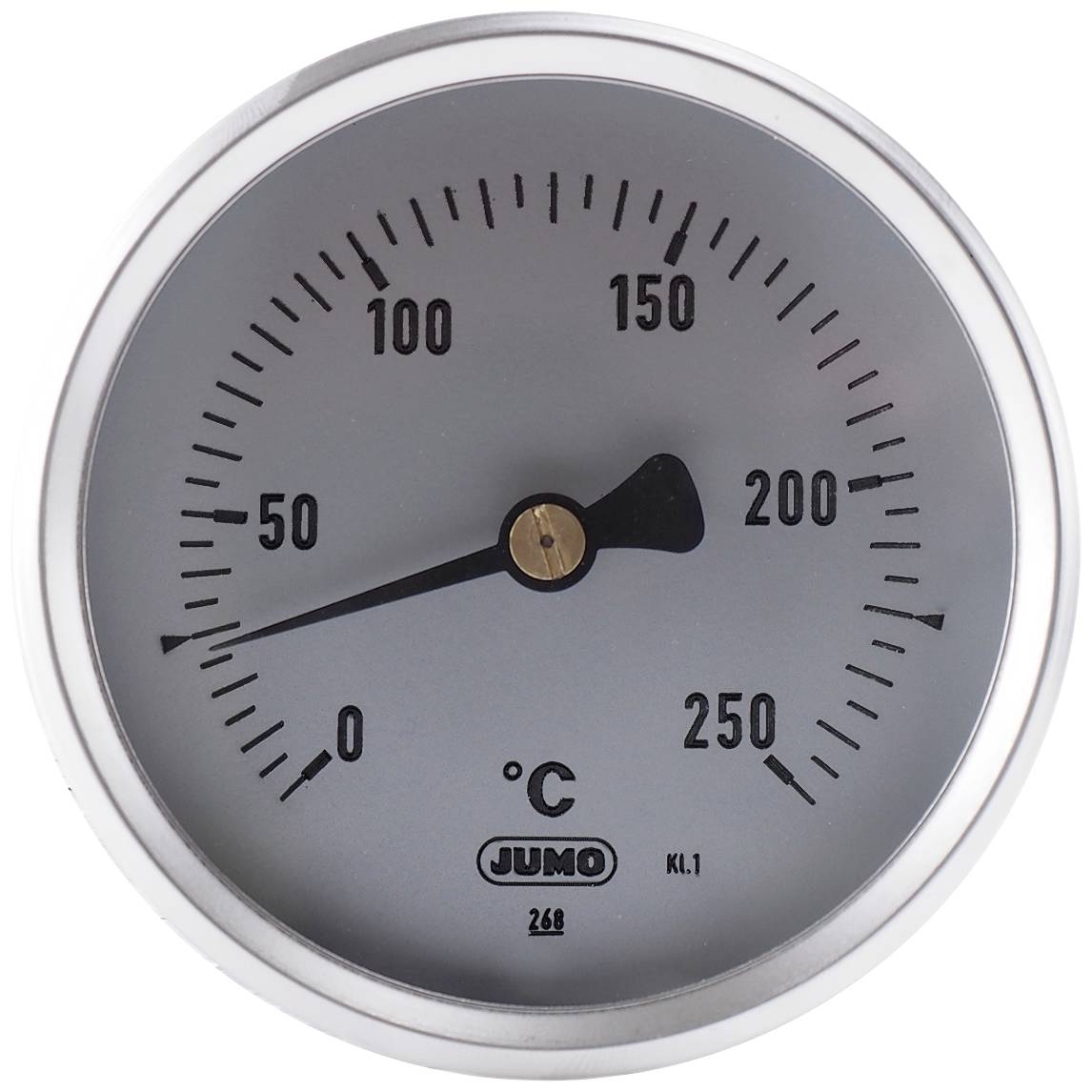 Ein silbernes Zifferblattthermometer zeigt eine Temperatur von etwa 23 Grad Celsius an.