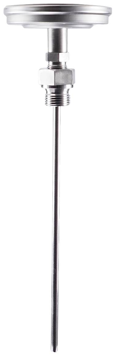 Ein Thermometer mit einem langen Edelstahlfühler und einem großen runden Display oben, geeignet für Temperaturmessungen in industriellen Anwendungen.