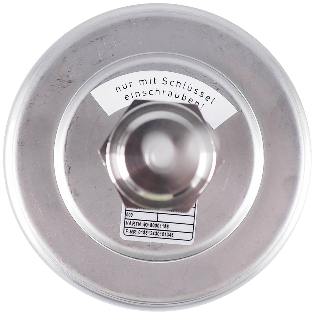 Runde Metallkomponente mit Aufschrift: nur mit Schlüssel einschrauben.
